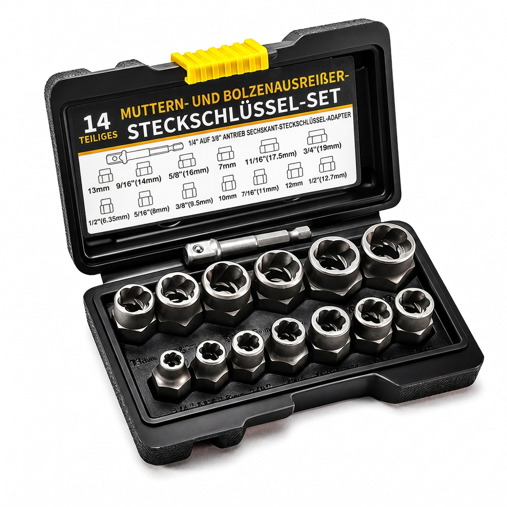 14-teiliges industrietaugliches Set zum Entfernen beschädigter Schrauben und Muttern, hochfester Schraubenausdreher-Satz mit hohem Drehmoment und Linksgewinde für die Autoreparatur