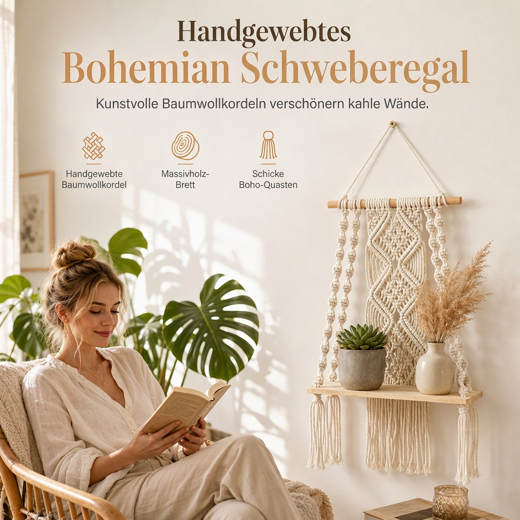 Böhmisch handgewebte Makramee-Wandbehang-Schwebeboden für Bücher und Pflanzen, Wohnzimmerdekoration