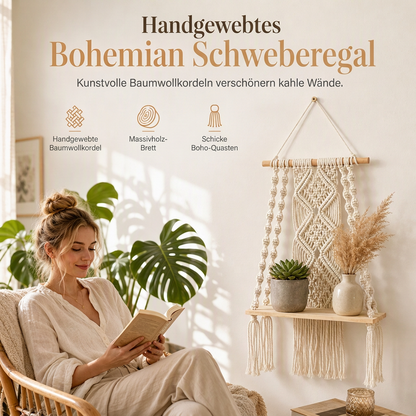 Böhmisch handgewebte Makramee-Wandbehang-Schwebeboden für Bücher und Pflanzen, Wohnzimmerdekoration