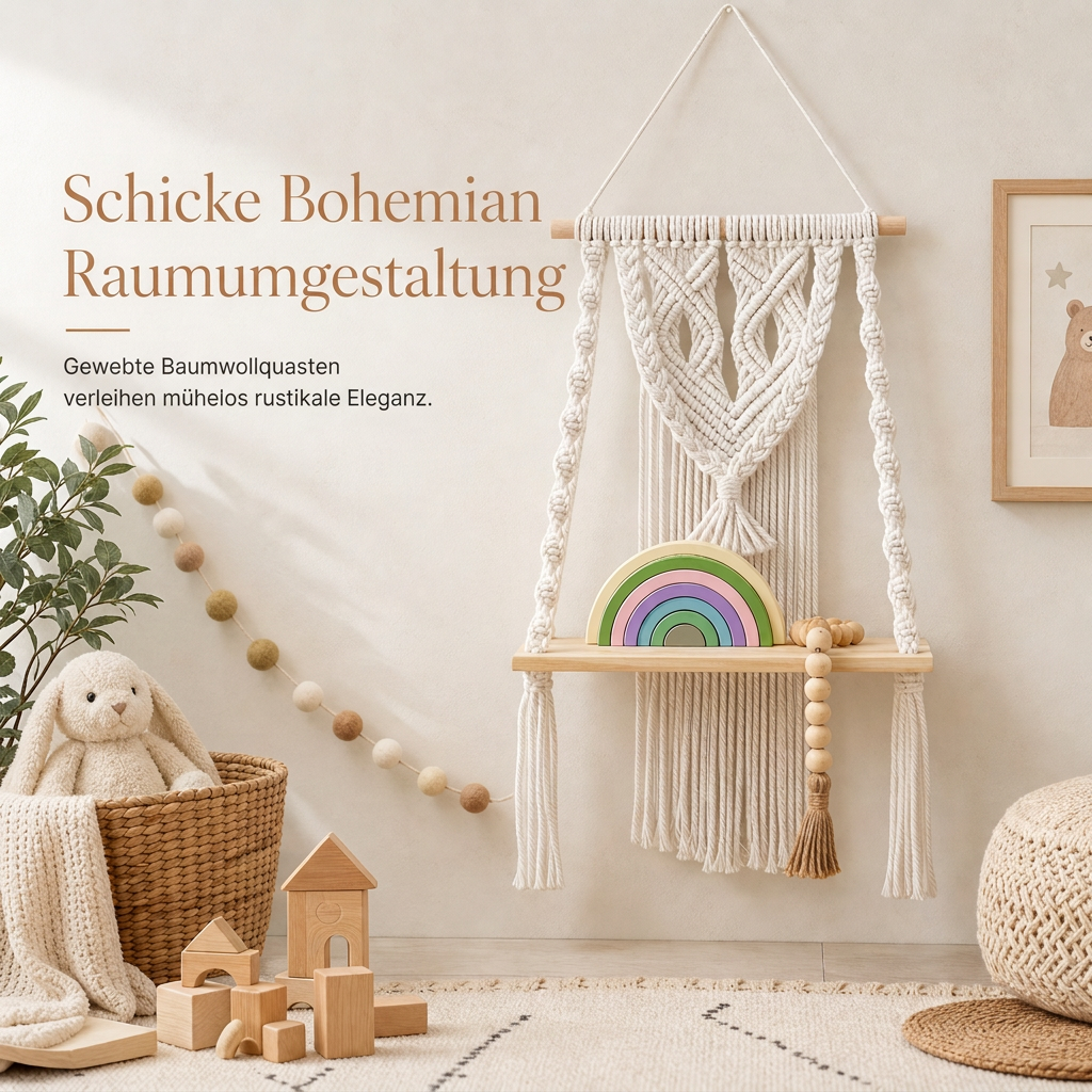Böhmisch handgewebte Makramee-Wandbehang-Schwebeboden für Bücher und Pflanzen, Wohnzimmerdekoration