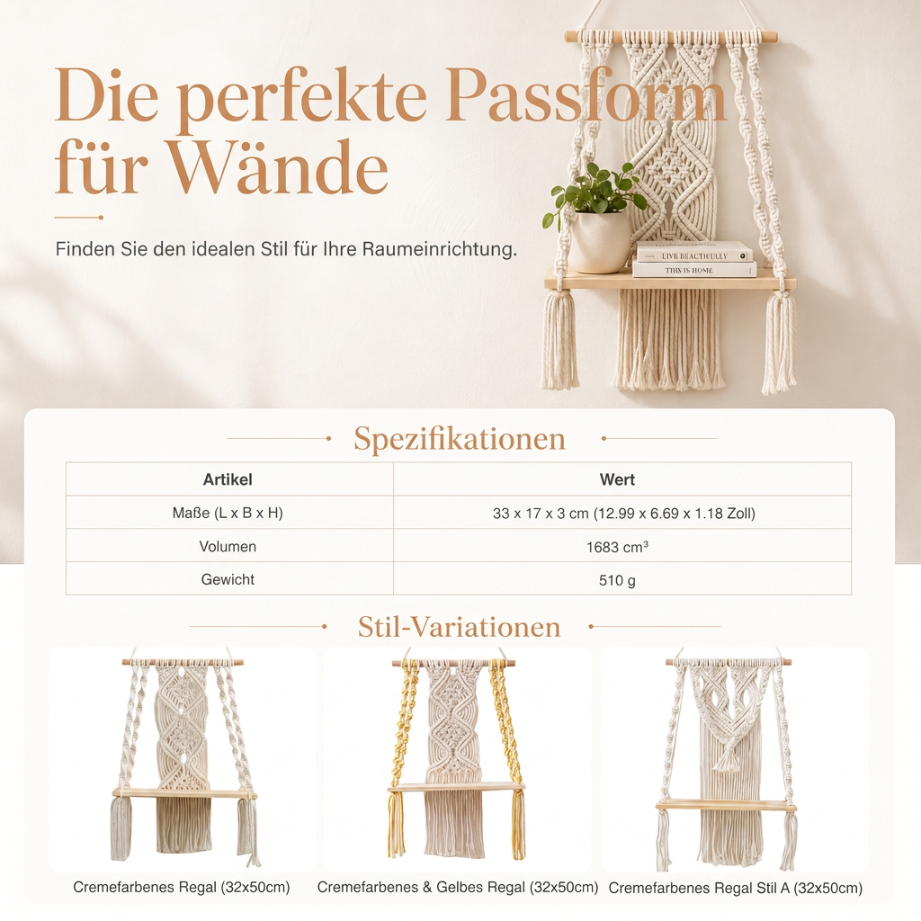 Böhmisch handgewebte Makramee-Wandbehang-Schwebeboden für Bücher und Pflanzen, Wohnzimmerdekoration