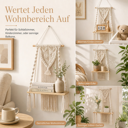 Böhmisch handgewebte Makramee-Wandbehang-Schwebeboden für Bücher und Pflanzen, Wohnzimmerdekoration