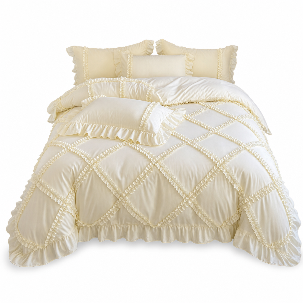 Bettwäscheset aus gewaschener Baumwolle im französischen Prinzessinnen-Stil, schlicht und frisch, 4-teiliges Set aus Bettbezug und Bettlaken für alle Jahreszeiten