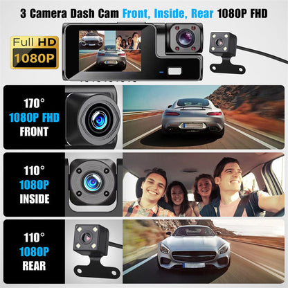 🔥 50 % RABATT! 🚗🎥 Dashcam mit 3 Kameras 1080P HD – Vorne + Innen + Hinten mit Rückfahrfunktion