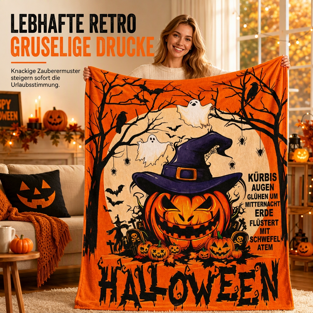 🎃Flauschige Flanelldecke mit Retro-Halloween-Motiv – kuschelig für Zuhause & Mittagsschlaf