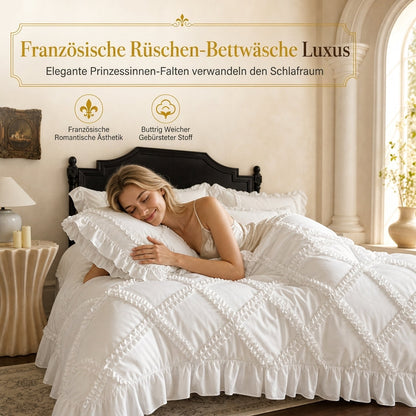 Bettwäscheset aus gewaschener Baumwolle im französischen Prinzessinnen-Stil, schlicht und frisch, 4-teiliges Set aus Bettbezug und Bettlaken für alle Jahreszeiten