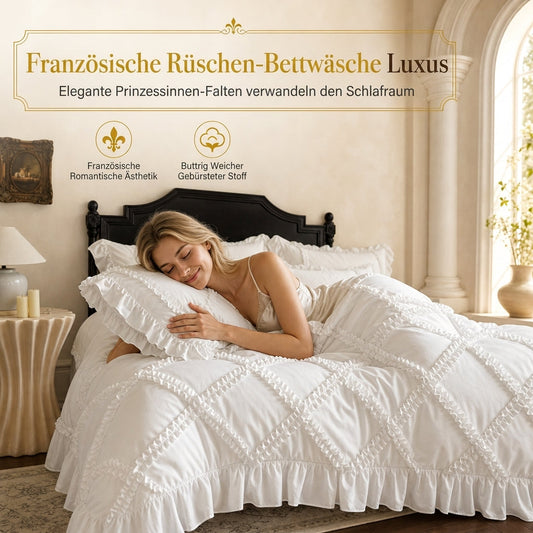 Bettwäscheset aus gewaschener Baumwolle im französischen Prinzessinnen-Stil, schlicht und frisch, 4-teiliges Set aus Bettbezug und Bettlaken für alle Jahreszeiten