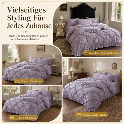 Bettwäscheset aus gewaschener Baumwolle im französischen Prinzessinnen-Stil, schlicht und frisch, 4-teiliges Set aus Bettbezug und Bettlaken für alle Jahreszeiten