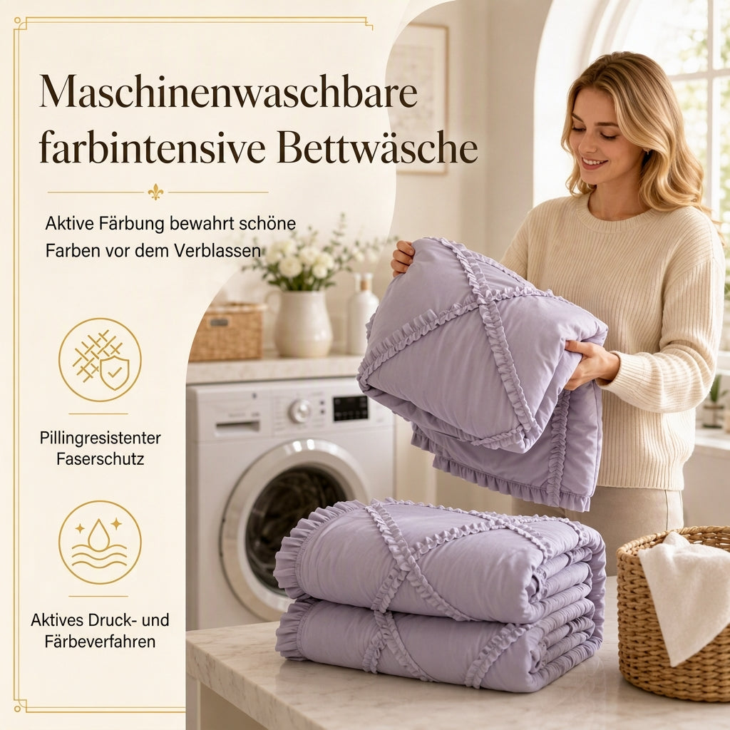 Bettwäscheset aus gewaschener Baumwolle im französischen Prinzessinnen-Stil, schlicht und frisch, 4-teiliges Set aus Bettbezug und Bettlaken für alle Jahreszeiten