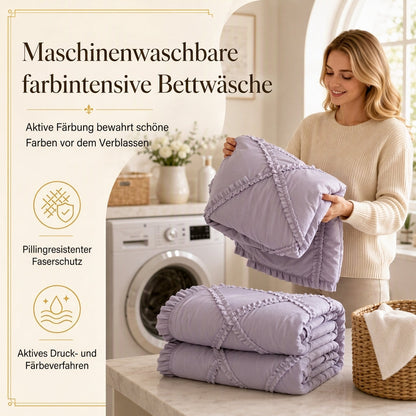 Bettwäscheset aus gewaschener Baumwolle im französischen Prinzessinnen-Stil, schlicht und frisch, 4-teiliges Set aus Bettbezug und Bettlaken für alle Jahreszeiten