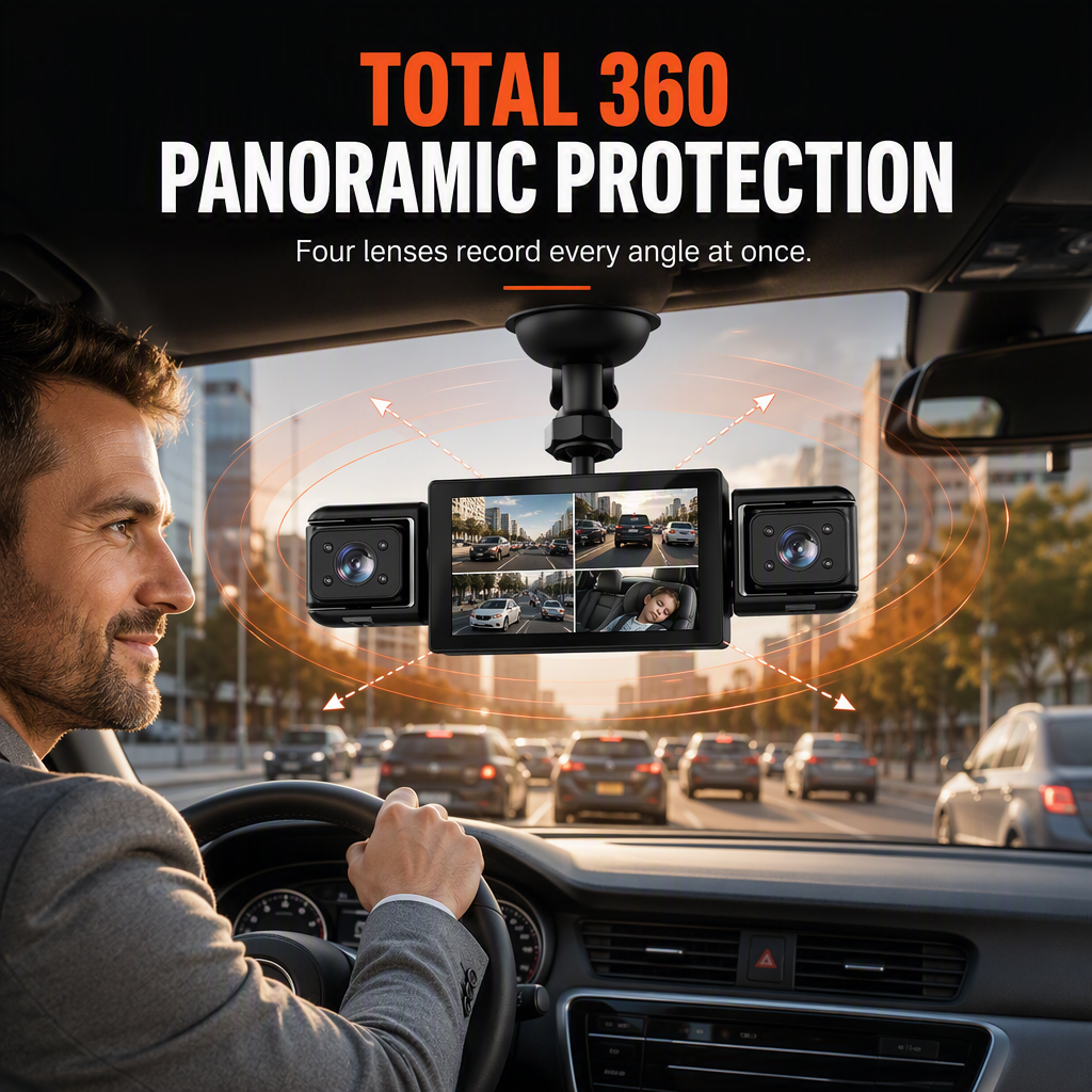 🚗🎥 F100 4-Linsen-Dashcam – 1080P HD Autokamera mit Infrarot-Nachtsicht und GPS-Synchronaufnahme