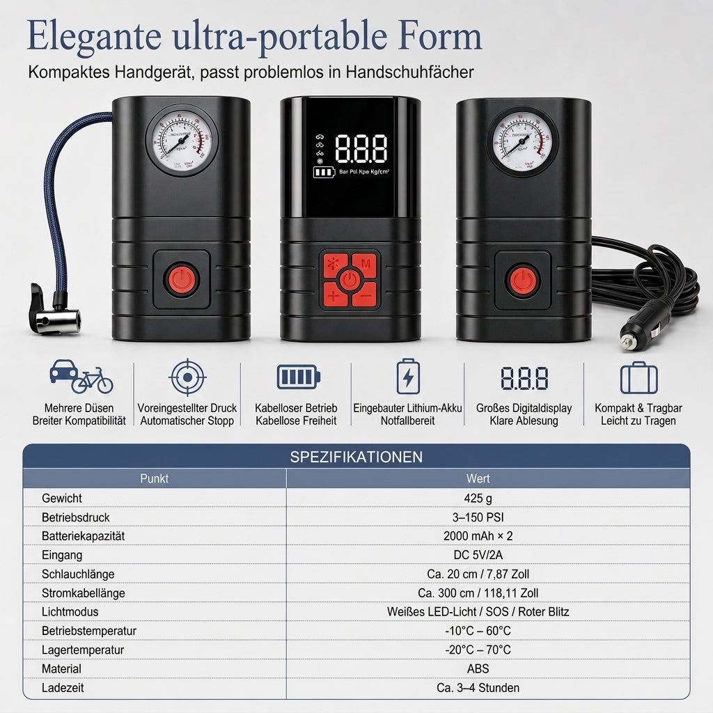 ⏳Zeitlich begrenztes Sonderangebot⏰Tragbarer elektrischer Handreifenfüller/Luftpumpe für Autos, Fahrräder und Reifen von Elektrofahrzeugen