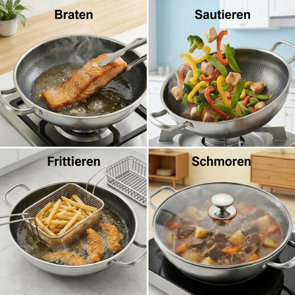 ⏳ Zeitlich befristetes Angebot ⏳ Edelstahl-Wokpfanne mit Wabenstruktur und Glasdeckel