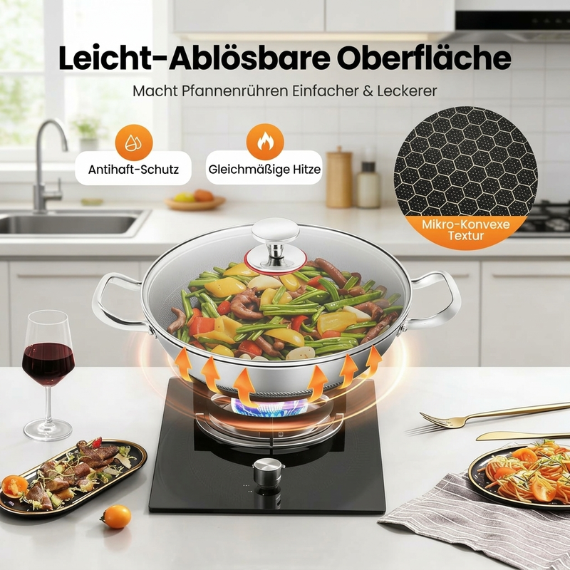 ⏳ Zeitlich befristetes Angebot ⏳ Edelstahl-Wokpfanne mit Wabenstruktur und Glasdeckel