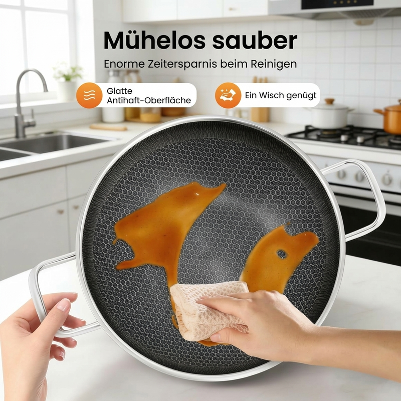 ⏳ Zeitlich befristetes Angebot ⏳ Edelstahl-Wokpfanne mit Wabenstruktur und Glasdeckel