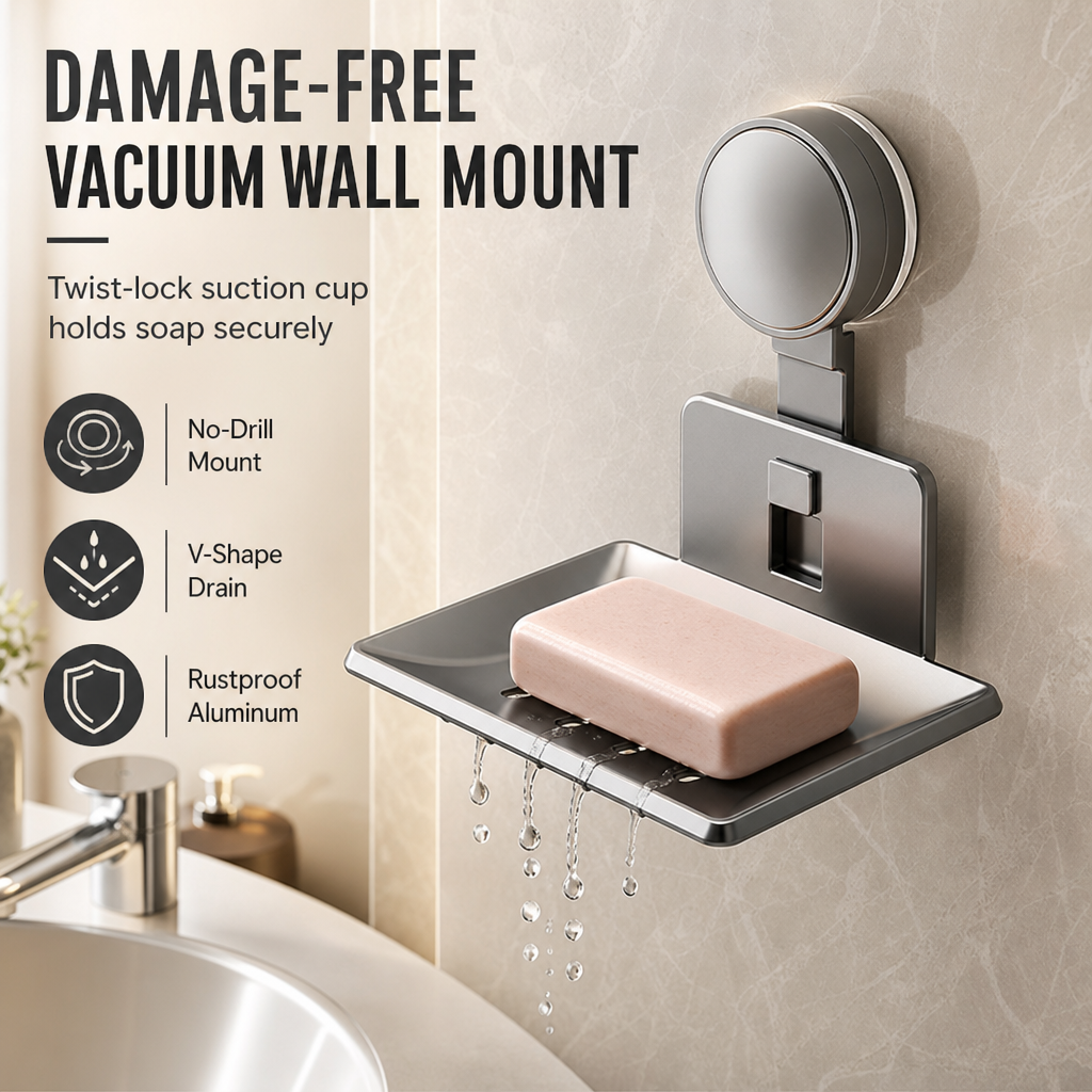 📢 50% RABATT! 🧼 Saugnapf-Seifenschale – V-Drainage, Aluminium & ohne Bohren ✨