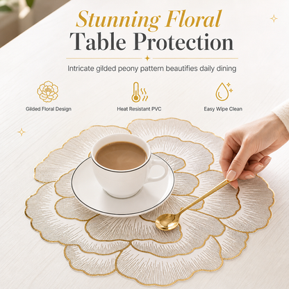 ⏳Nur für kurze Zeit: 50 % Rabatt⏰Nordisches Tischset mit metallischer Pfingstrosen-Optik aus PVC | Hitzebeständig, rutschfest & wasserdicht🍽️💛🌹