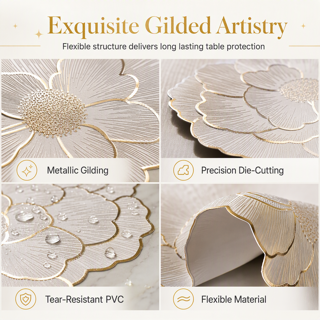 ⏳Nur für kurze Zeit: 50 % Rabatt⏰Nordisches Tischset mit metallischer Pfingstrosen-Optik aus PVC | Hitzebeständig, rutschfest & wasserdicht🍽️💛🌹