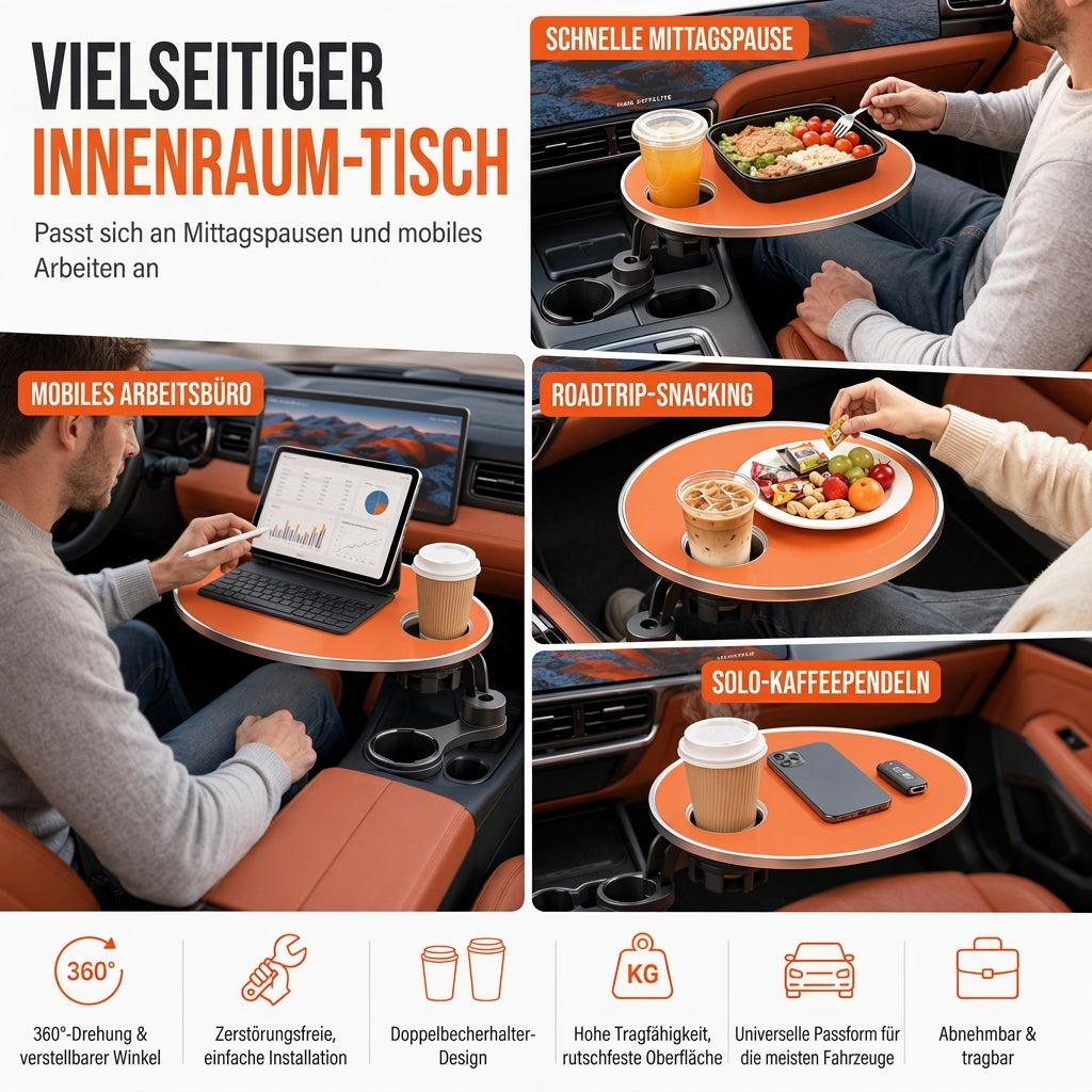 Multifunktionaler Auto-Getränkehalter mit 360°-Drehung & Essensablage – rutschfest, abriebfest & erweiterbar