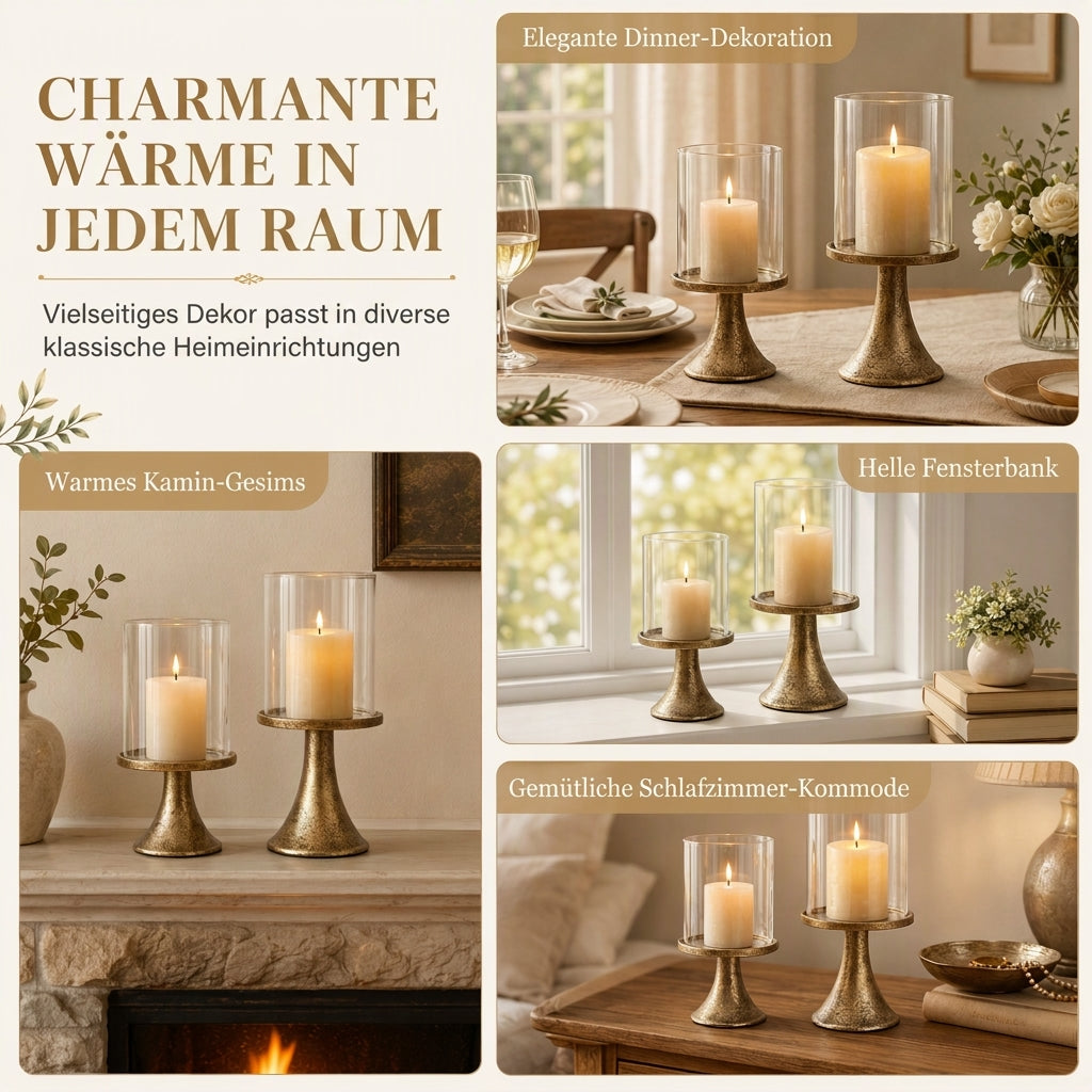 Vergoldetes Vintage Kerzenhalter-Set mit Glasabdeckungen für Hochzeiten und Candle-Light-Dinner