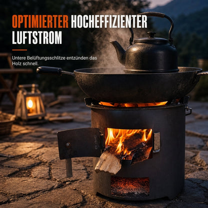 Multifunktionaler tragbarer Holz- und Kohleofen mit rostfester Kochplatte für Outdoor-Camping, Grillen, Kochen und Heizen
