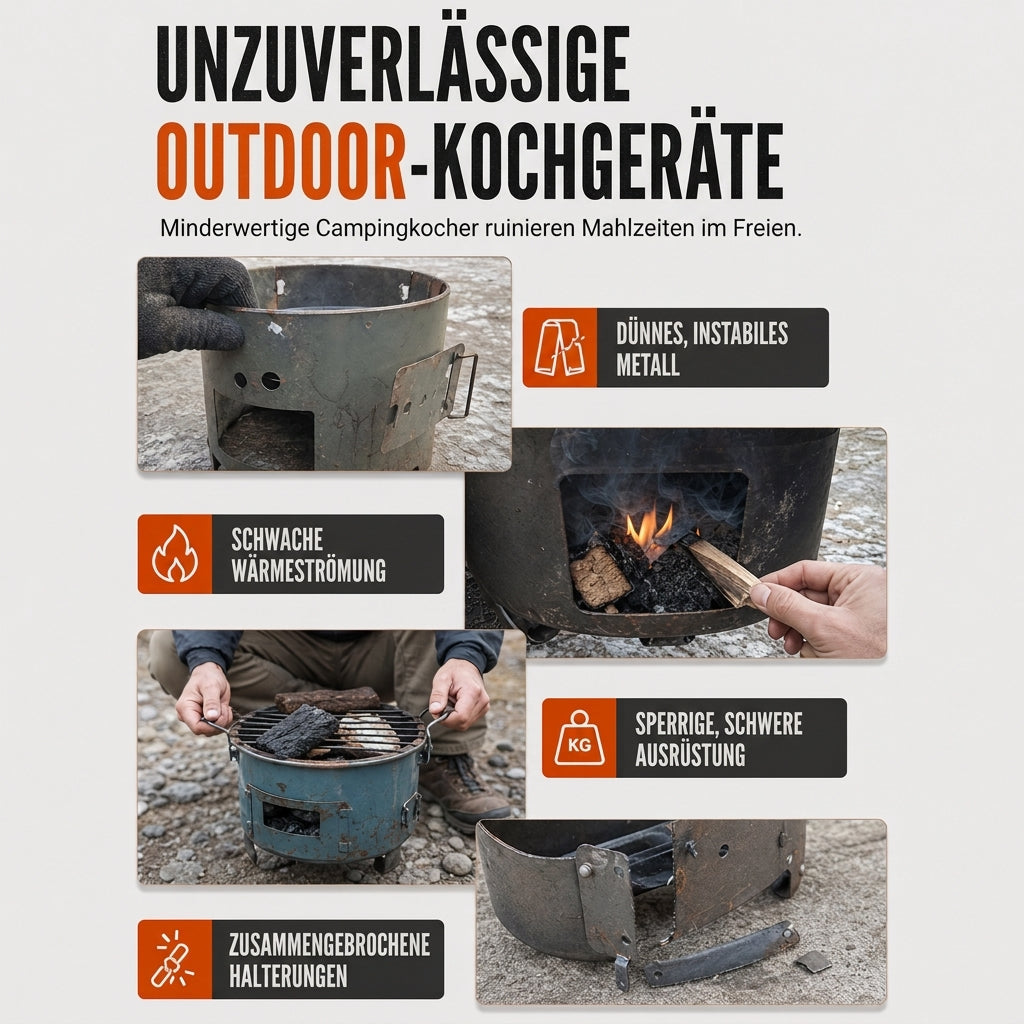 Multifunktionaler tragbarer Holz- und Kohleofen mit rostfester Kochplatte für Outdoor-Camping, Grillen, Kochen und Heizen