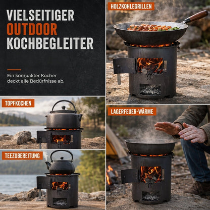Multifunktionaler tragbarer Holz- und Kohleofen mit rostfester Kochplatte für Outdoor-Camping, Grillen, Kochen und Heizen