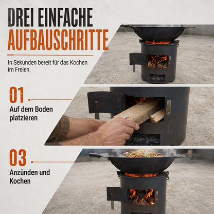 Multifunktionaler tragbarer Holz- und Kohleofen mit rostfester Kochplatte für Outdoor-Camping, Grillen, Kochen und Heizen
