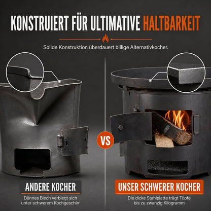 Multifunktionaler tragbarer Holz- und Kohleofen mit rostfester Kochplatte für Outdoor-Camping, Grillen, Kochen und Heizen