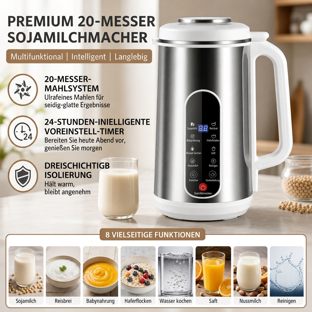 Multifunktionaler 304 Edelstahl Sojamilchbereiter und Hochleistungsmixer mit großer Kapazität, filterfrei, Haushaltsnahrungsprozessor mit intelligenter Zeitschaltuhr