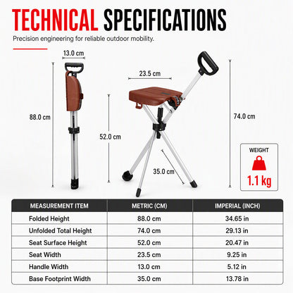 🚶‍♂️🦯 Faltbarer Gehstock mit Sitz – 50% RABATT! Aluminiumrahmen, Dreibein-Stabilität, rutschfester Fuß – Gehen & Ausruhen überall 🪑