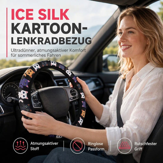 🚗 Universelle 38 cm ringlose Seiden-Lenkradabdeckung – bedruckt, atmungsaktiv, Ganzjahres-Schutz fürs Autolenkrad