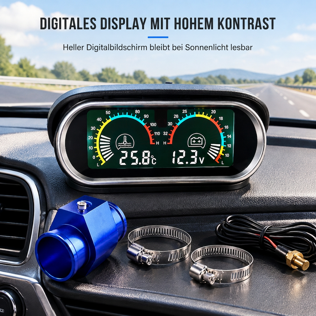 🌡️ 50% RABATT! 📟 12V/24V LCD-Anzeige – Wassertemperatur & Spannung mit T-Stück ✨