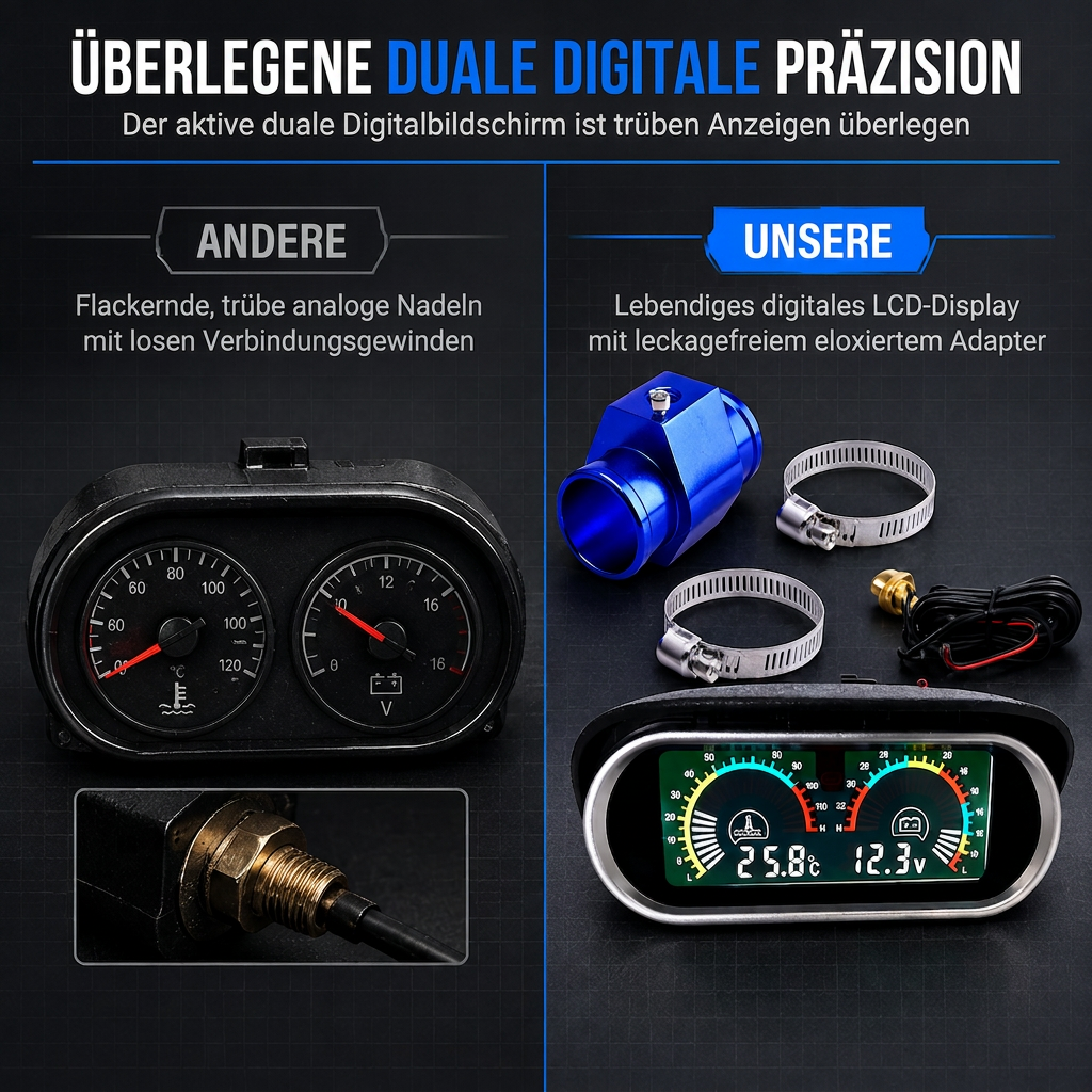 🌡️ 50% RABATT! 📟 12V/24V LCD-Anzeige – Wassertemperatur & Spannung mit T-Stück ✨