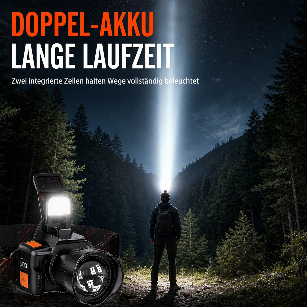 Ultrastarke wiederaufladbare LED-Stirnlampe mit Bewegungssensor und doppeltem Lithium-Akku für nächtliches Angeln und Camping im Freien