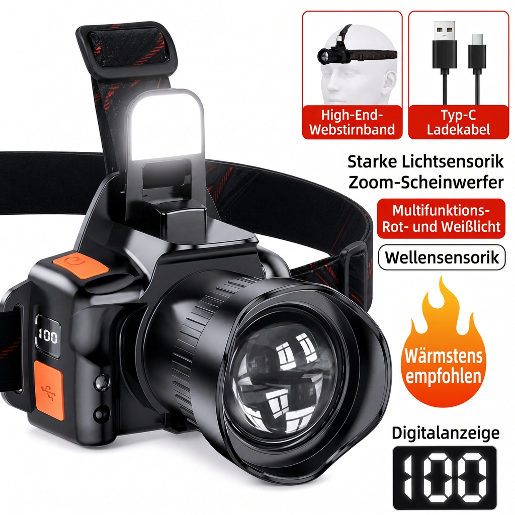 Ultrastarke wiederaufladbare LED-Stirnlampe mit Bewegungssensor und doppeltem Lithium-Akku für nächtliches Angeln und Camping im Freien