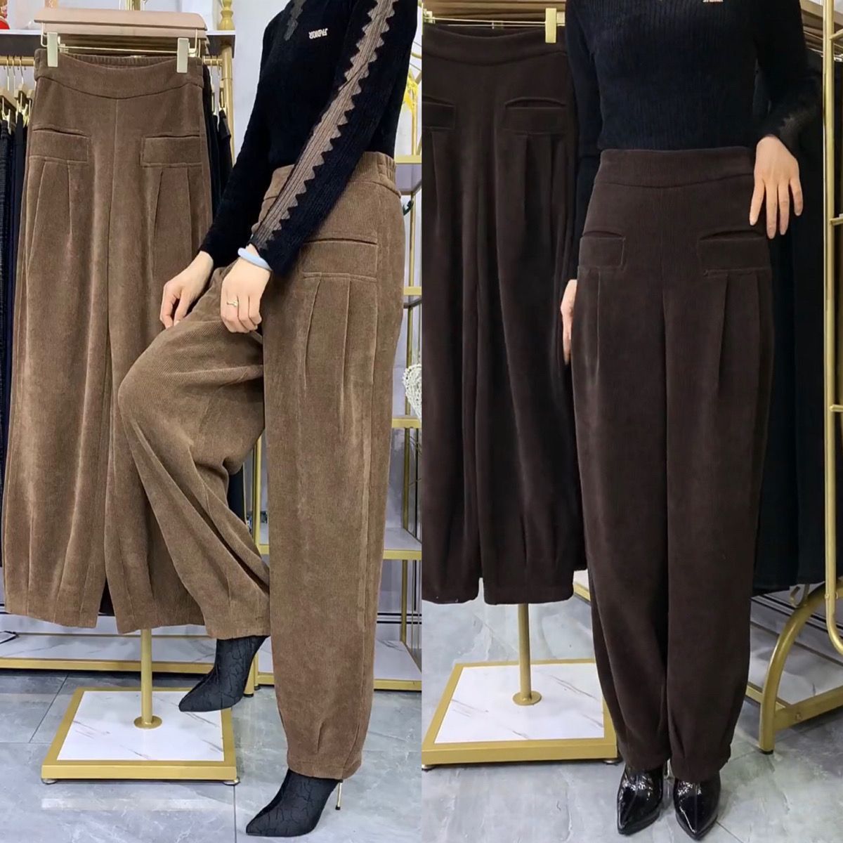 Vintage-Plissee-Cordhose mit hoher Taille für Damen